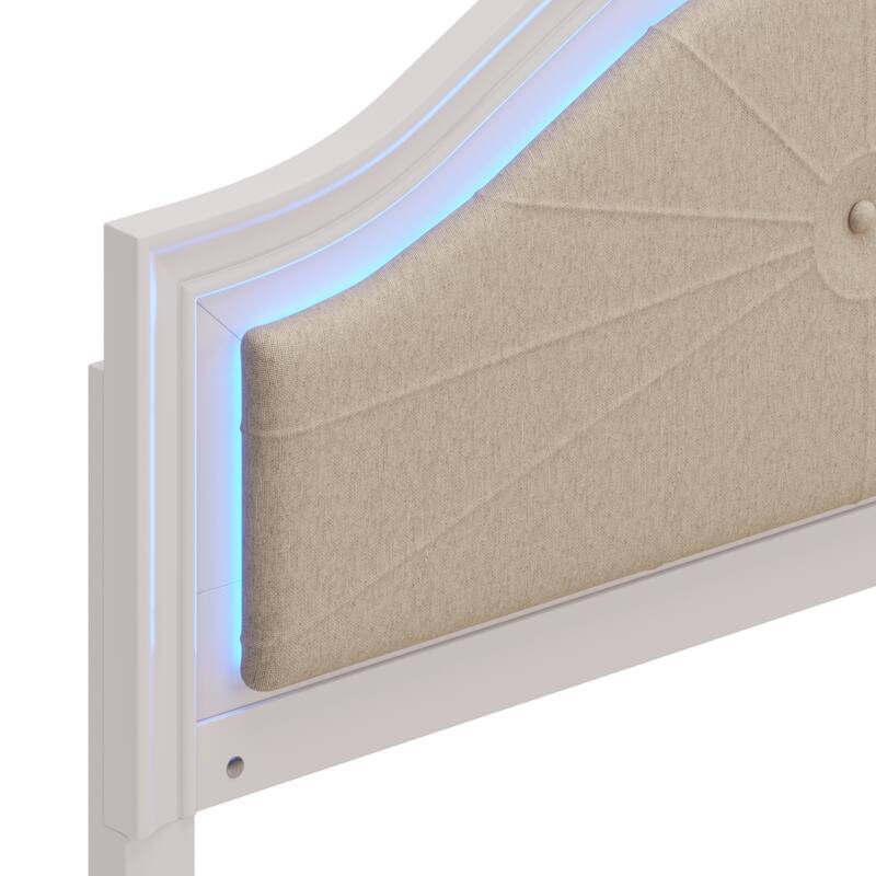 Cream Grey Bed Frame with Curved Hidden Built-in Light Upholstered Headboard Lowprofile Platform Bed Wood Slat Support Panel Bed