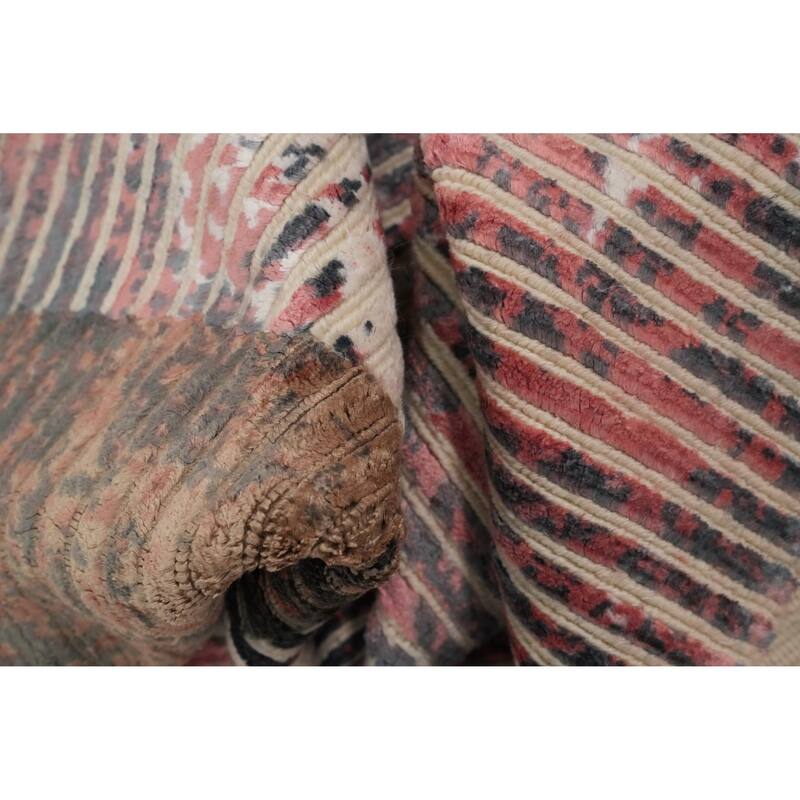 Hand Knotted Oriental Viscose Silk Carpet Modern Stripe Coral Abstract Area Rug - 6' 6'' X 4' 9''