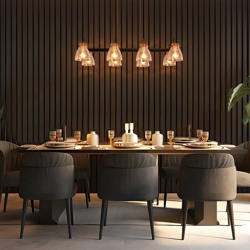 Modern 8-Light Gun Black Gold Chandelier Textured Glass Kitchen Island Light