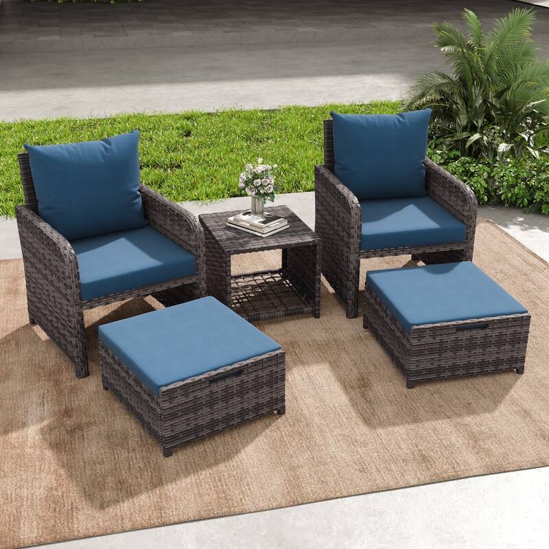 5 Pieces Patio Chair Ottoman Conversation Set with Cushions Table