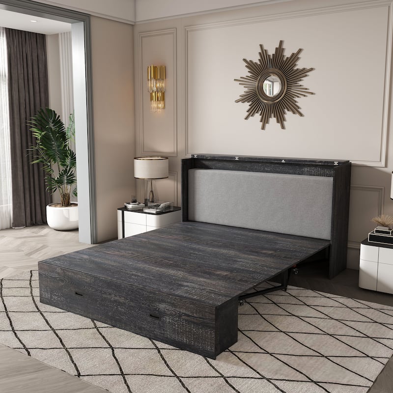 Hidden Folding Murphy Bed with Storage Drawers/Charging Station/Foldable Mattress/Full Size Mobile Cabinet Bed Frame/Noise-free