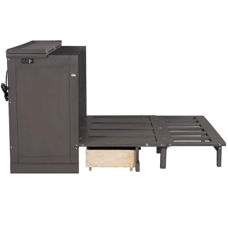 Gray Full Size Solid Pine Murphy Bed with Charging Station and Large Drawer
