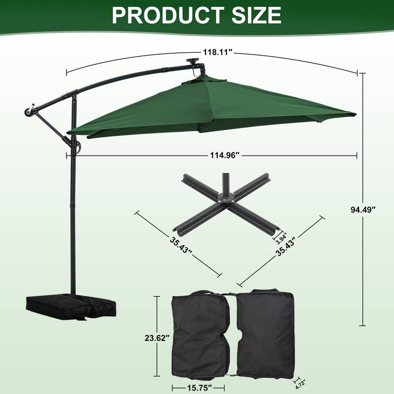 Autlaycil 10ft Offset Hanging Market Patio Umbrella With Base&Solar Lights