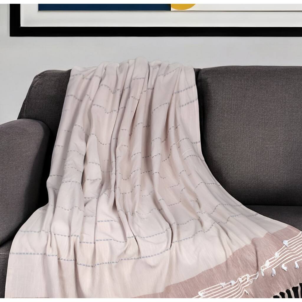 HomeRoots 50" X 60" Gray and Rust Woven Cotton Striped Throw Blanket with Fringe, Embroidery