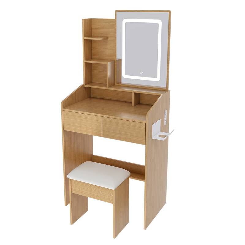 Vanity Table with LED-Illuminated Mirror, Power Outlet, Hairdryer Holder & Stool - Compact Dressing Desk for