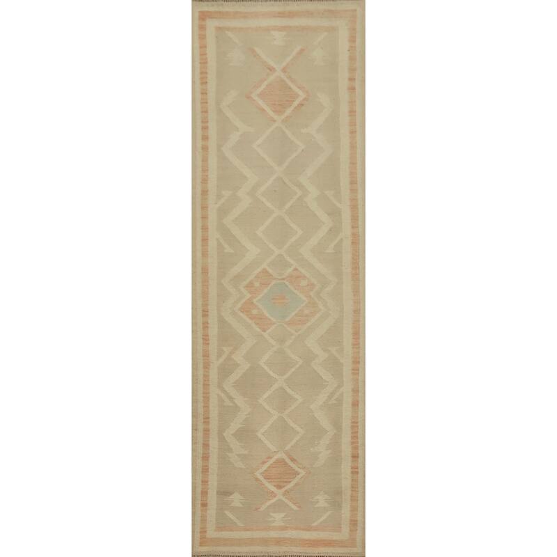 Hand Woven Oriental 100% Wool Carpet Southwestern Tribal Beige & Ivories Kilim Runner Rug - 9' 11'' X 2' 6''