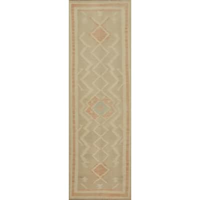 Hand Woven Oriental 100% Wool Carpet Southwestern Tribal Beige & Ivories Kilim Runner Rug - 9' 11'' X 2' 6''