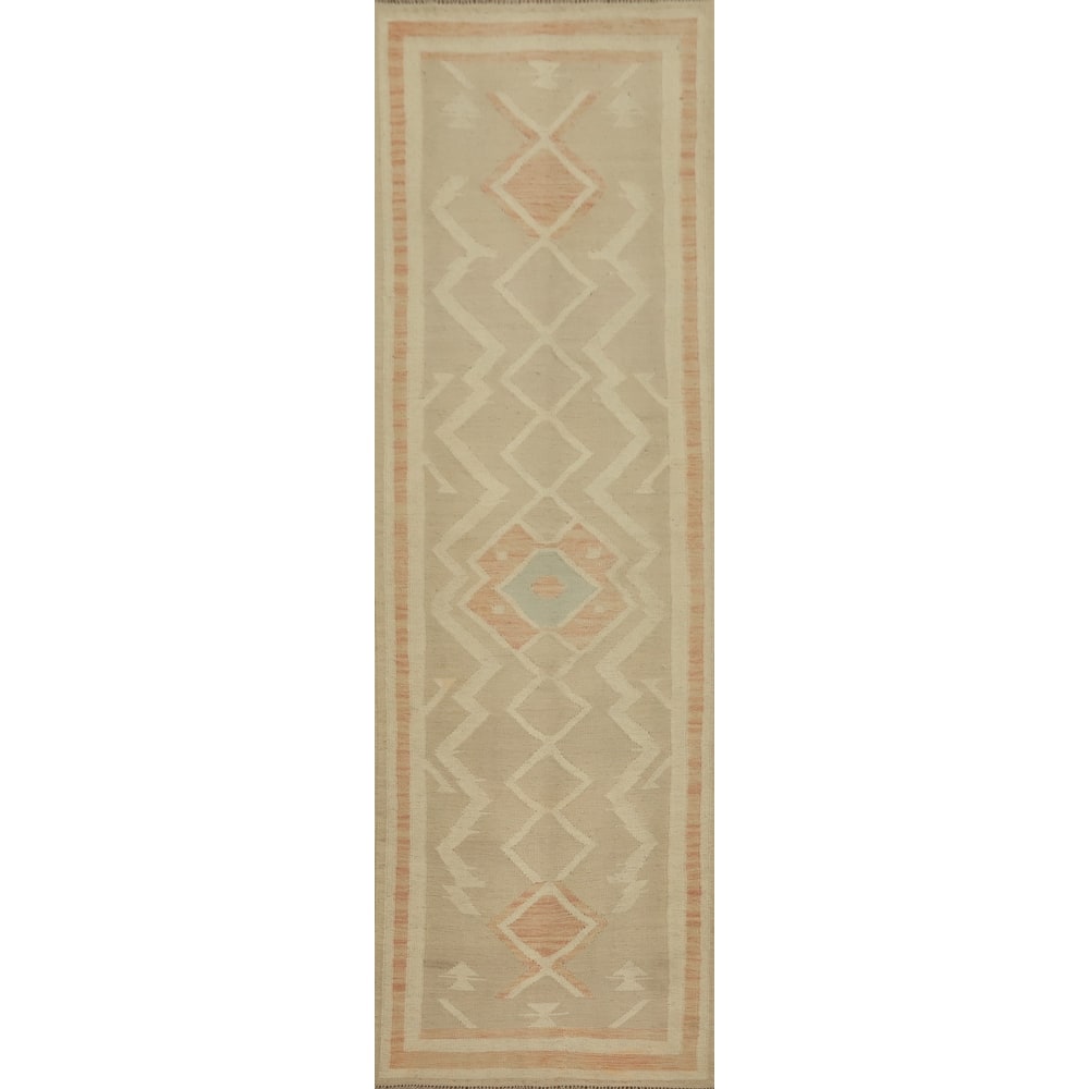 Hand Woven Oriental 100% Wool Carpet Southwestern Tribal Beige & Ivories Kilim Runner Rug - 9' 11'' X 2' 6''