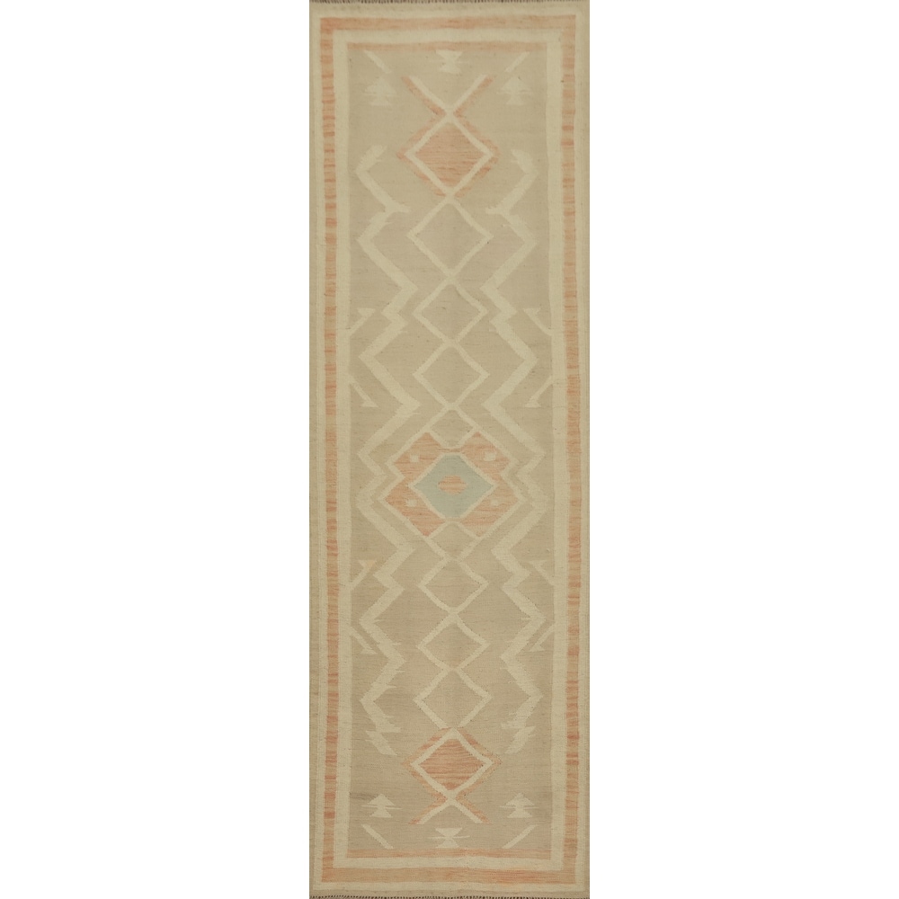 Hand Woven Oriental 100% Wool Carpet Southwestern Tribal Beige & Ivories Kilim Runner Rug - 9' 11'' X 2' 6''