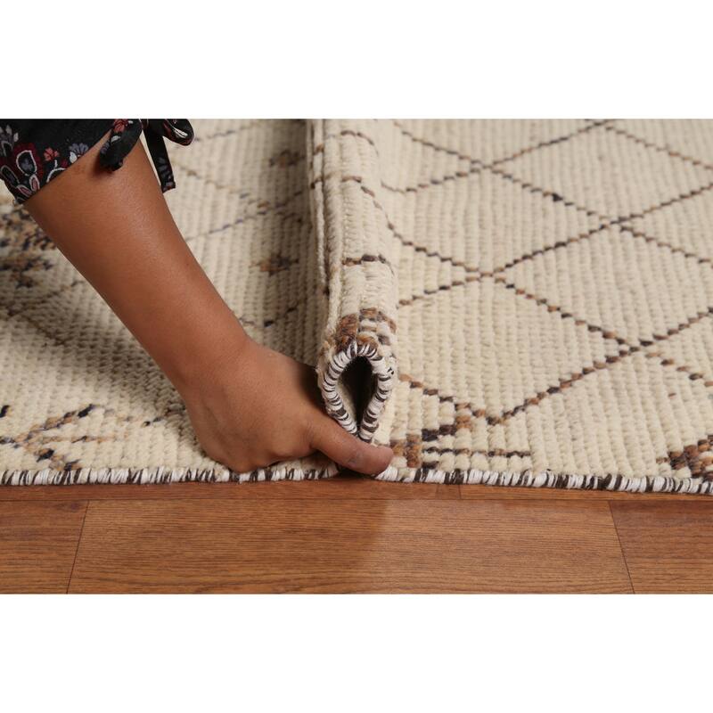 Ivory Trellis Moroccan Area Rug Handmade Wool Carpet - 8'1"x 11'8"