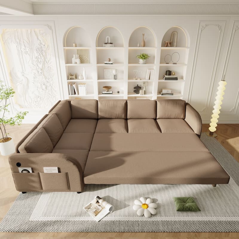 115.2" L-Shaped Teddy Sectional Sofa with Pull-Out Bed