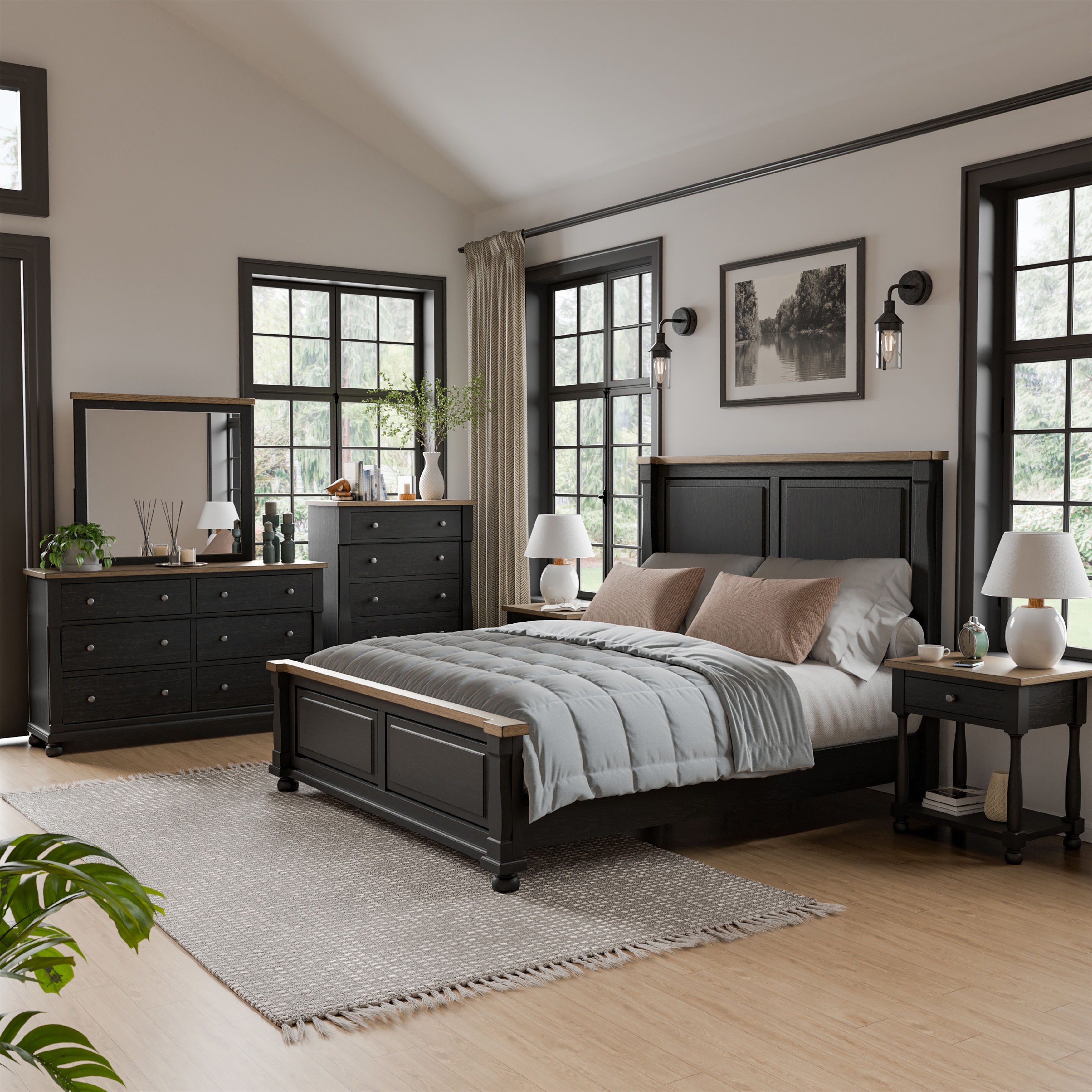 Furniture of America Lucan I 6-Piece Farmhouse Black Solid Wood Panel Bedroom Set
