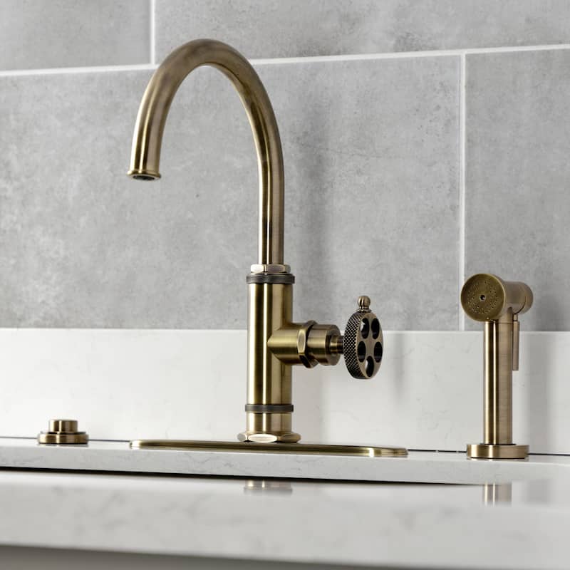 Kingston Brass Webb Single-Handle 1-Hole Deck Mount Kitchen Faucet with Knurled Handle and Brass Side Sprayer