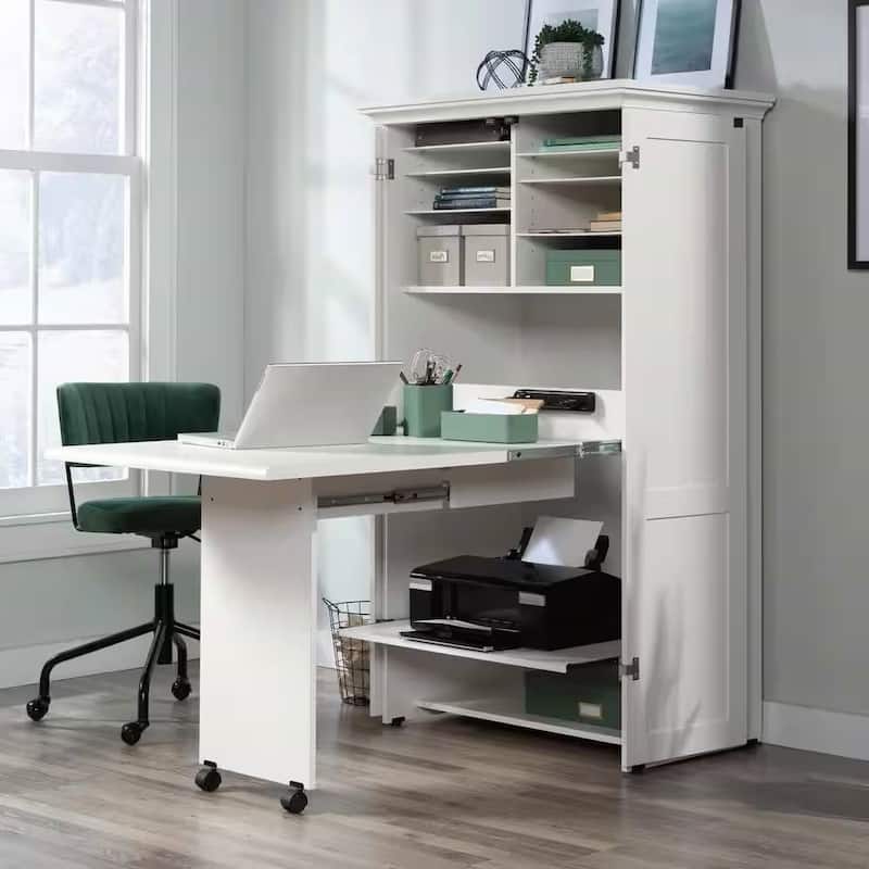 Space-Saving Craft Armoire with Drop Leaf Desk and Adjustable Storage Shelves Power Strip