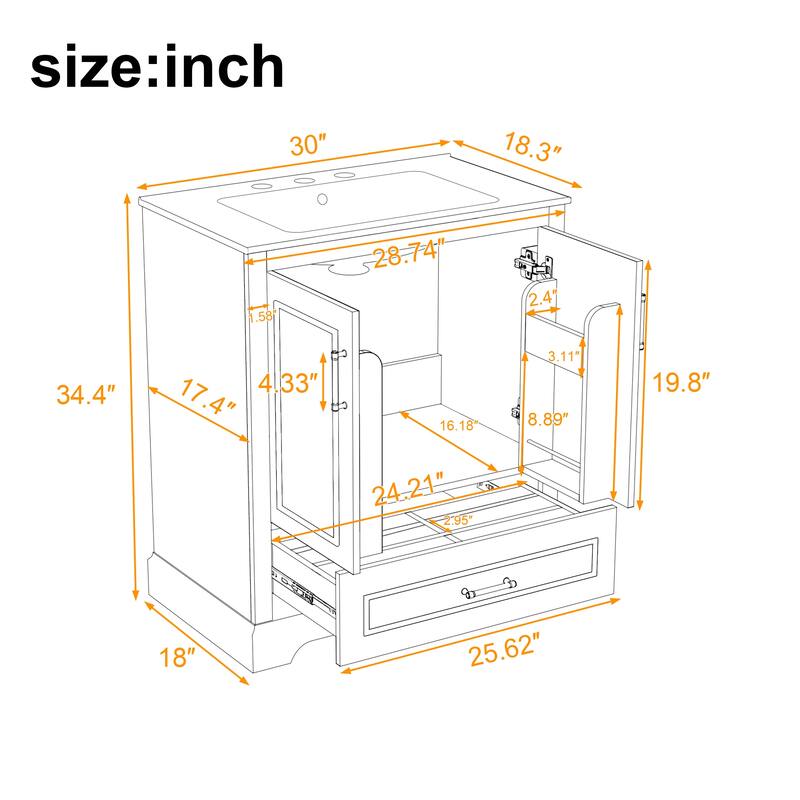 Bathroom Vanity with Ceramic Sink, Freestanding Storage Cabinet with Double Shelf, 1 Divider Drawer & 2 Soft-close Doors