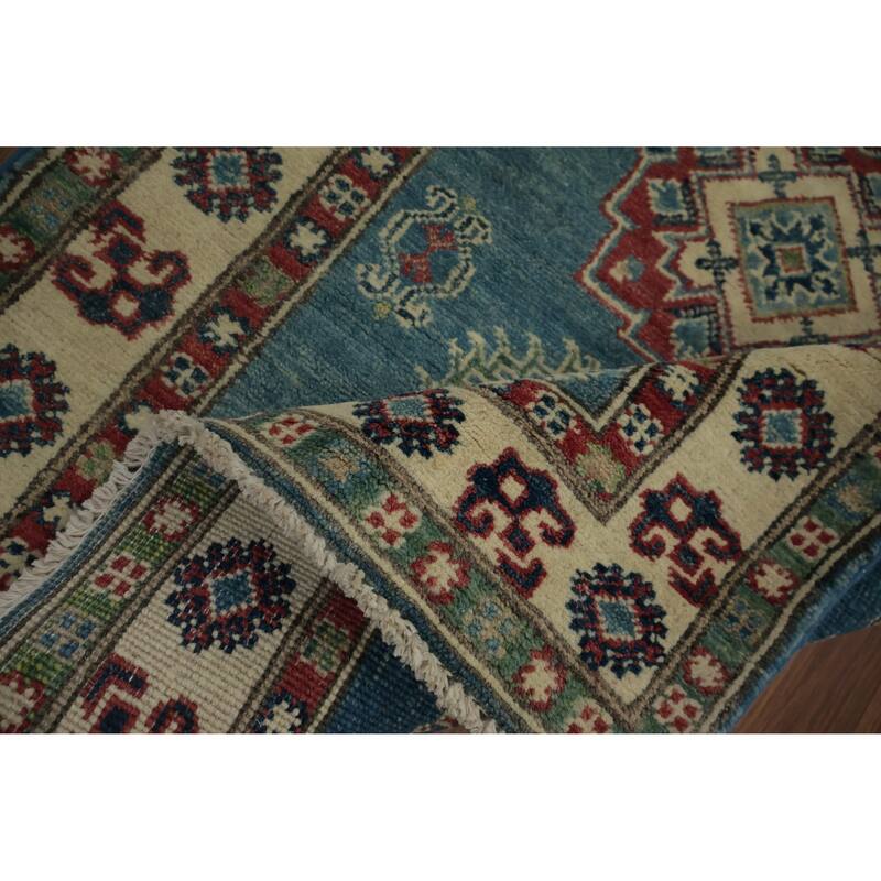 Hand Knotted Oriental 100% Wool Carpet Traditional Geometric Navy Blue & Blues Kazak Runner Rug - 7' 11'' X 2' 8''