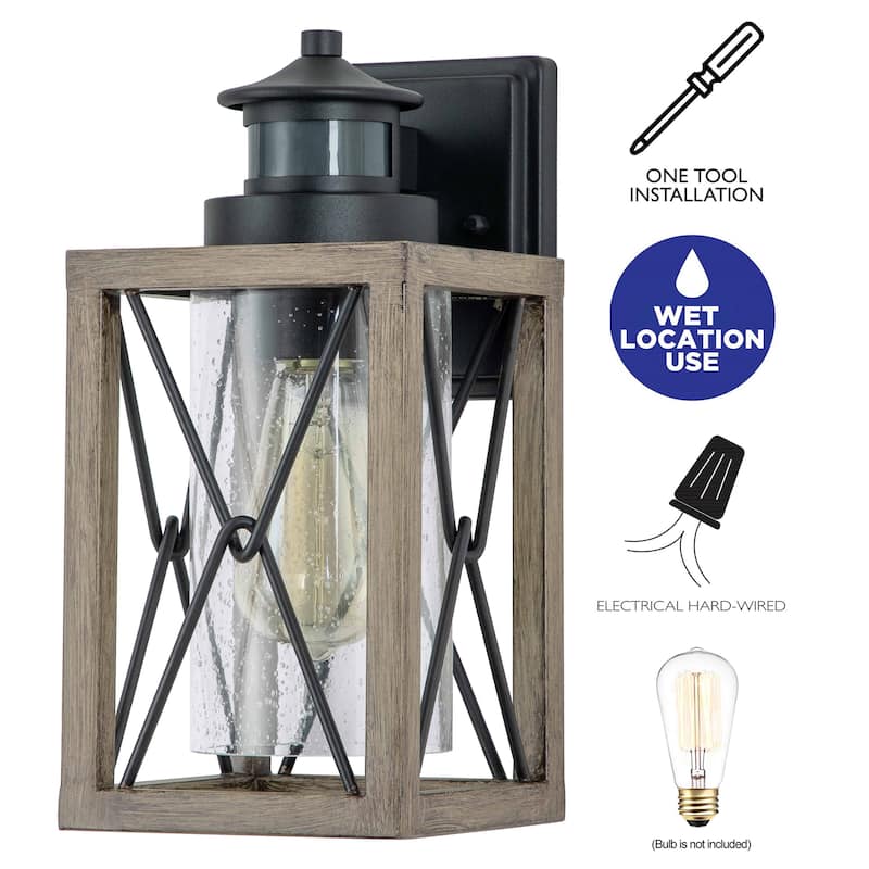 1-Light Black and Faux Wood Motion Sensor Outdoor Wall Sconce - Black&Faux Wood
