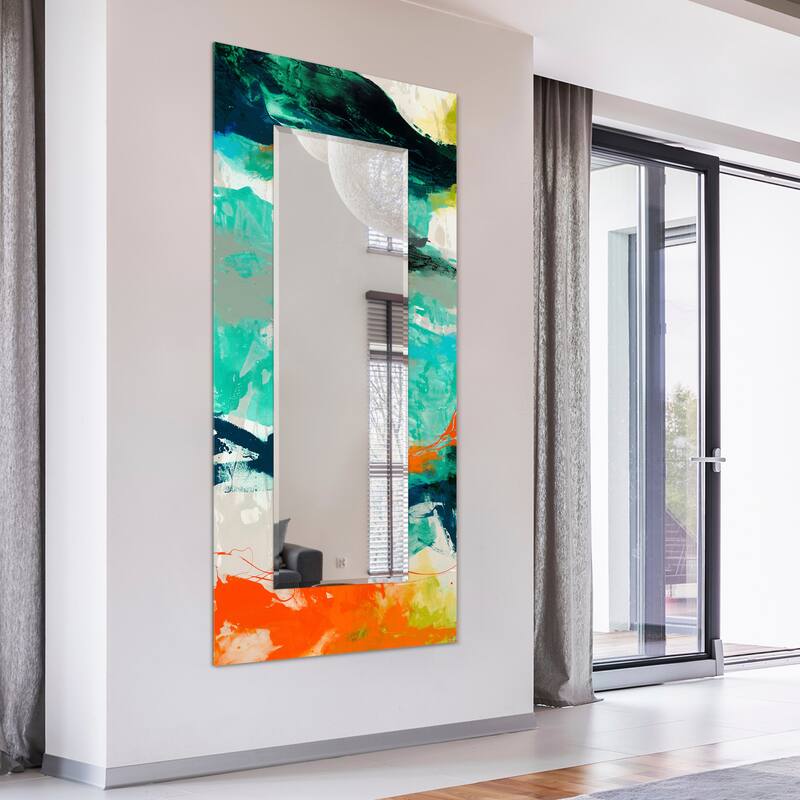 "Tidal" Abstract Rectangular Beveled Wall Mirror on Free Floating Printed Tempered Glass - Clear - 72 x 36
