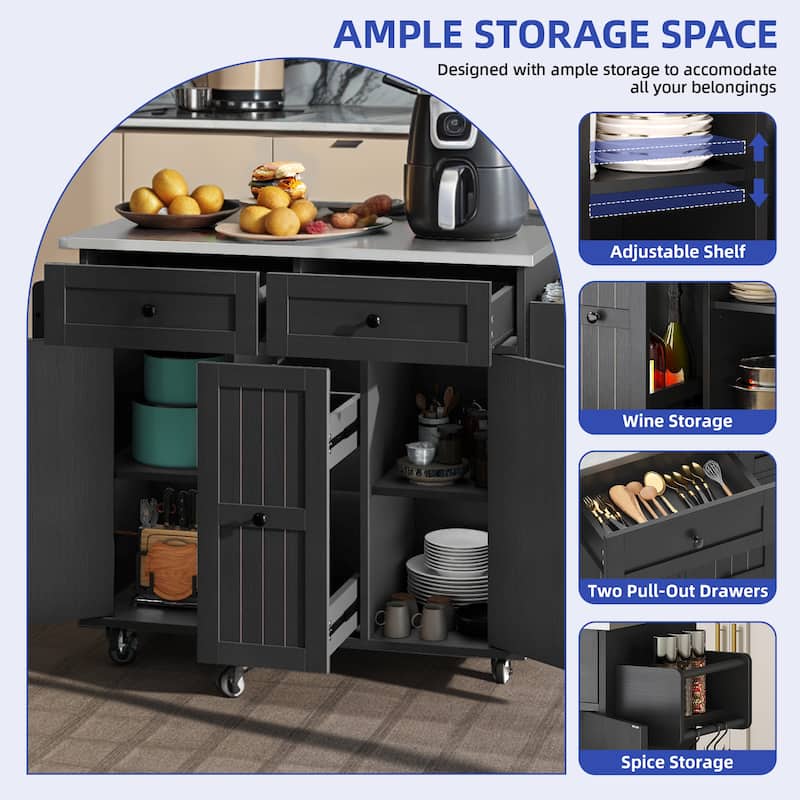 Moasis Wooden Kitchen Island with Drop Leaf Rolling Cart Extra Large Work Surface and Storage Drawers Towel Spice Rack