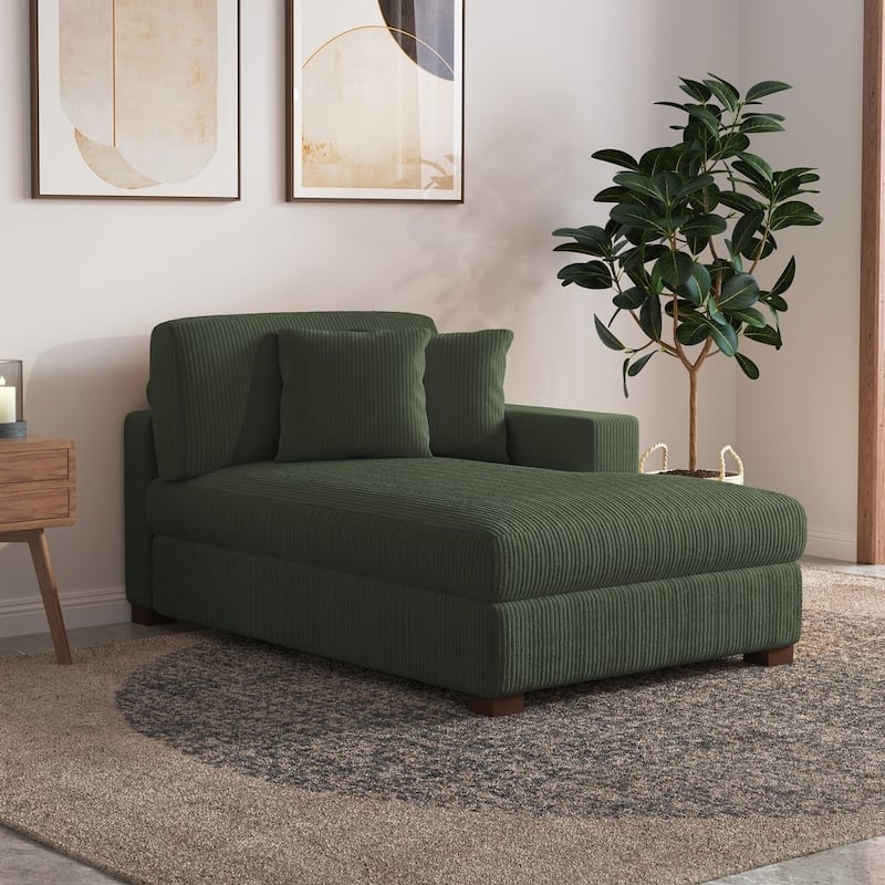 Upholstered Corduroy Chaise Lounge Chair With Pillow, Chaise Lounges For Interior - Right Facing - Green