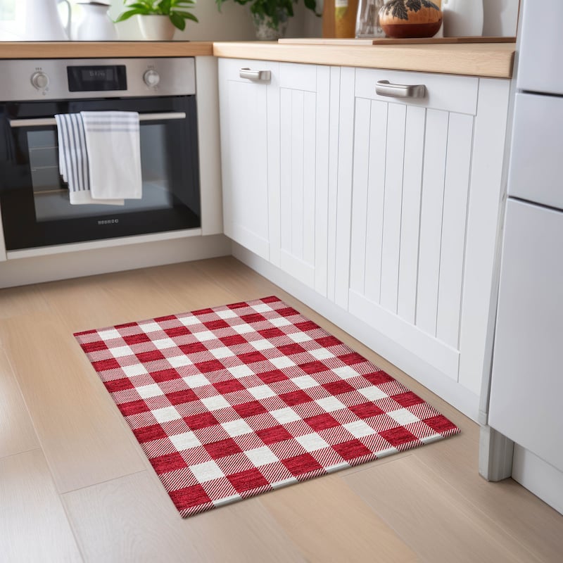 Machine Washable Indoor/ Outdoor Chantille Plaid Rug