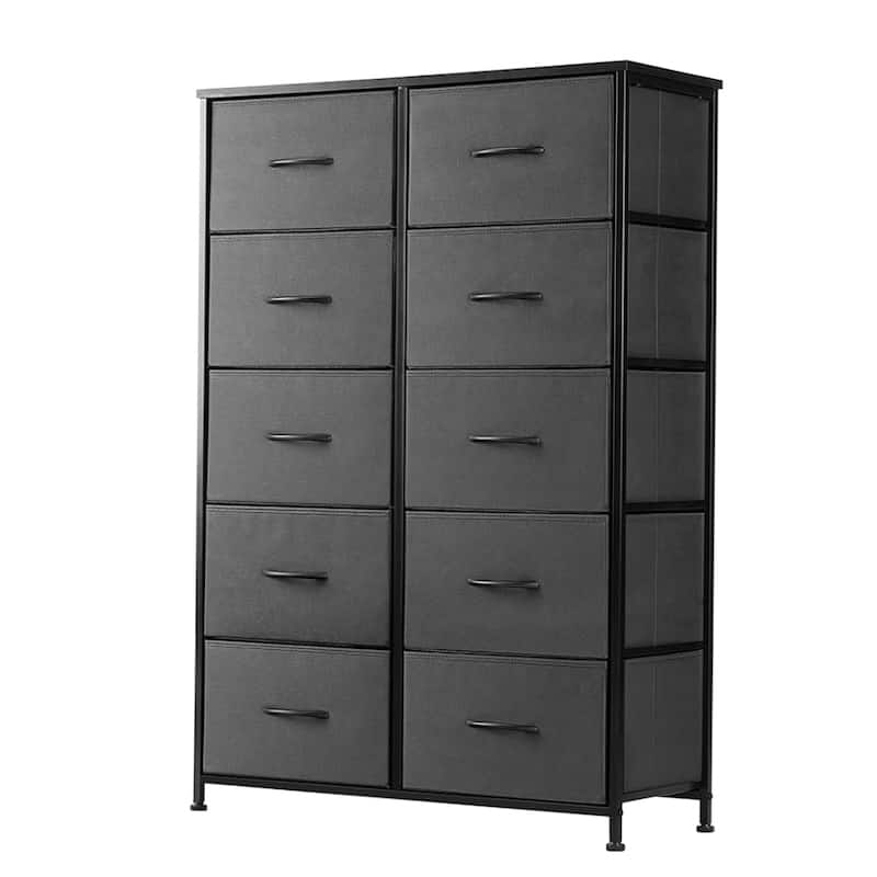 Dresser for Bedroom, 10 Storage Drawers, Anti-Tip Tall Fabric Closet Chests Organizer Tower Furniture Wooden Top Metal Frame