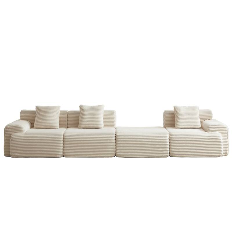L-Shaped Modular Sectional Sofa with Ottoman, Corduroy Upholstered Boneless Couch, Deep Seat Sofa with Throw Pillows