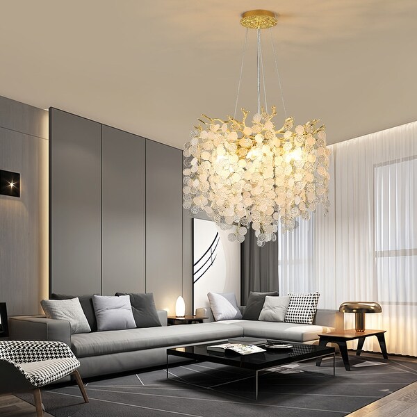 Modern Crystal Chandelier, Round Pendant Light Fixture Gold Hanging Farmhouse Chandelier Lighting for Dining Room Kitchen Island Living Room Modern Tree Branch Crystal Chandelier - 6-Light Adjustable Luxury