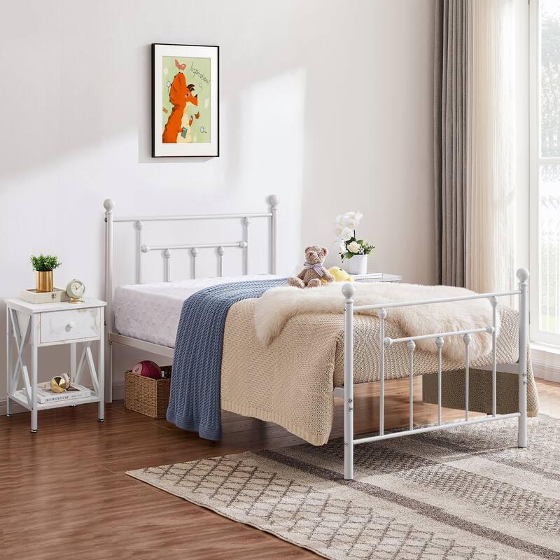 VECELO White Full Size Metal Bed Frame with Victorian Headboard Heavy Duty Bed Frame with Center Support 12.6in Underbed Storage