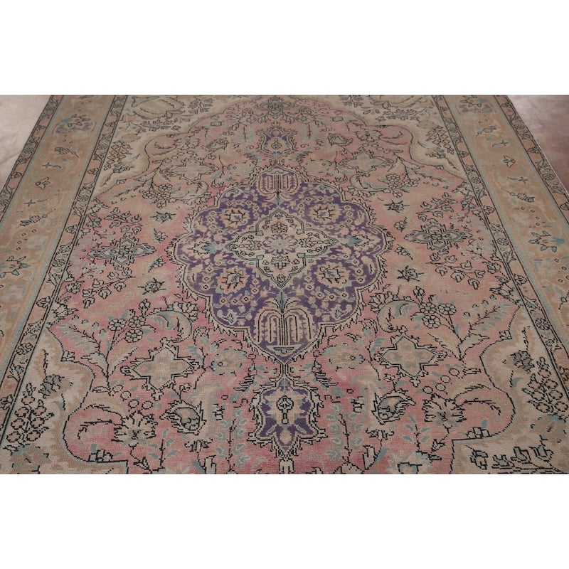 Pink Tabriz Vintage Persian Area Rug Handmade Wool Carpet - 6'9" x 9'3"