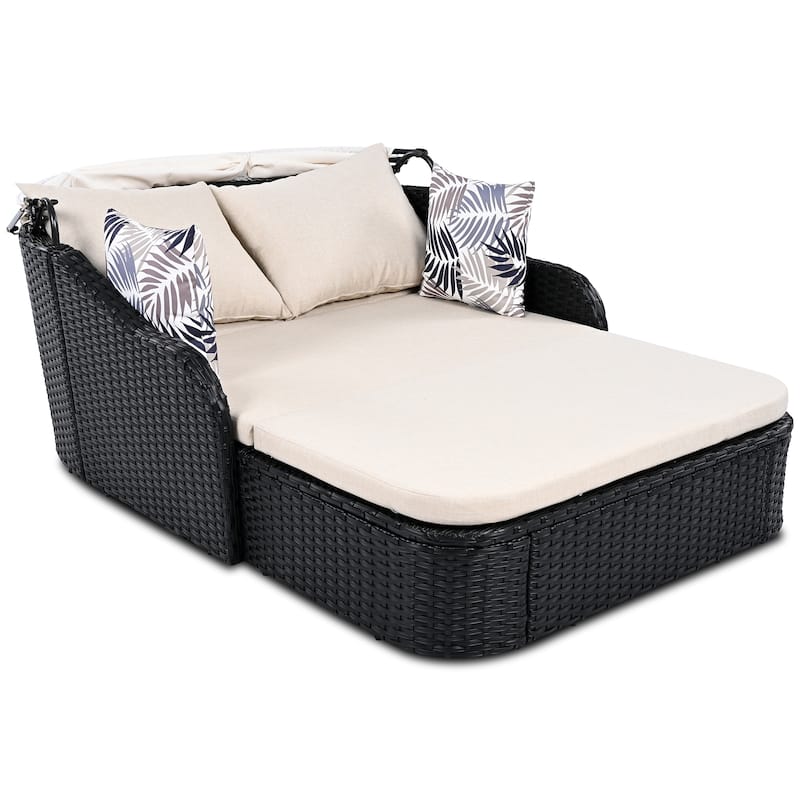 79.9" Outdoor Sunbed With Adjustable Canopy, Double Lounge,Pe Rattan Daybed