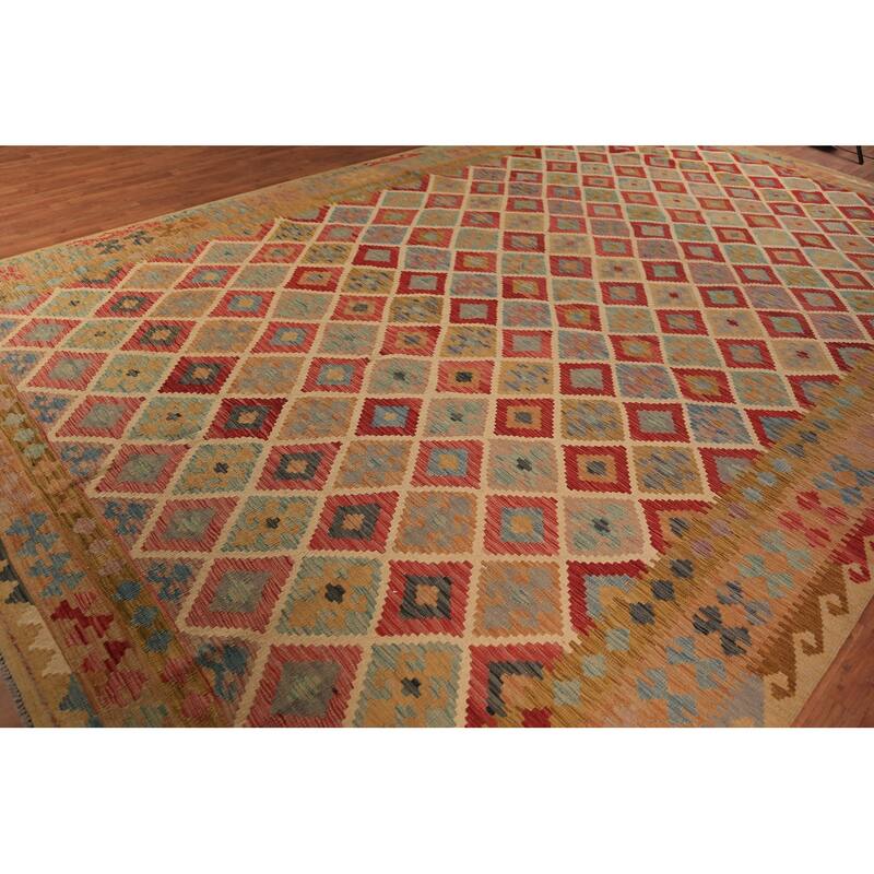 Geometric Reversible Kilim Oriental Large Rug Hand-Woven Wool Carpet - 10'3"x 16'2"