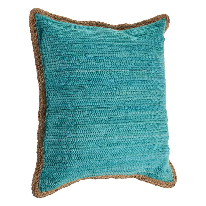 20" Turquoise Blue and Tan Handmade Bordered Square Throw Pillow