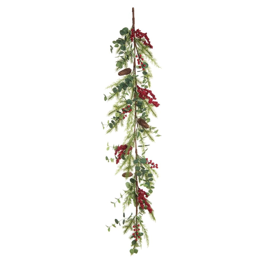 5' x 3" Green Red Artificial Christmas Eucalyptus Berry Garland, Unlit