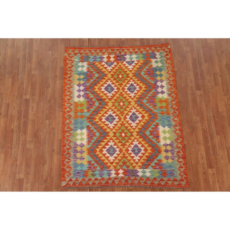 Hand Woven Oriental 100% Wool Carpet Southwestern Geometric Multi-Colored Kilim Area Rug - 6' 2'' X 4' 10''