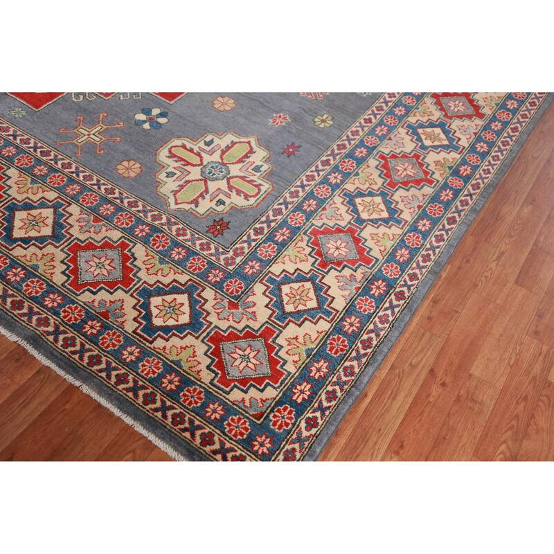 Hand Knotted Oriental 100% Wool Carpet Traditional Geometric Greys & Charcoal Kazak Area Rug - 13' 0'' X 9' 8''