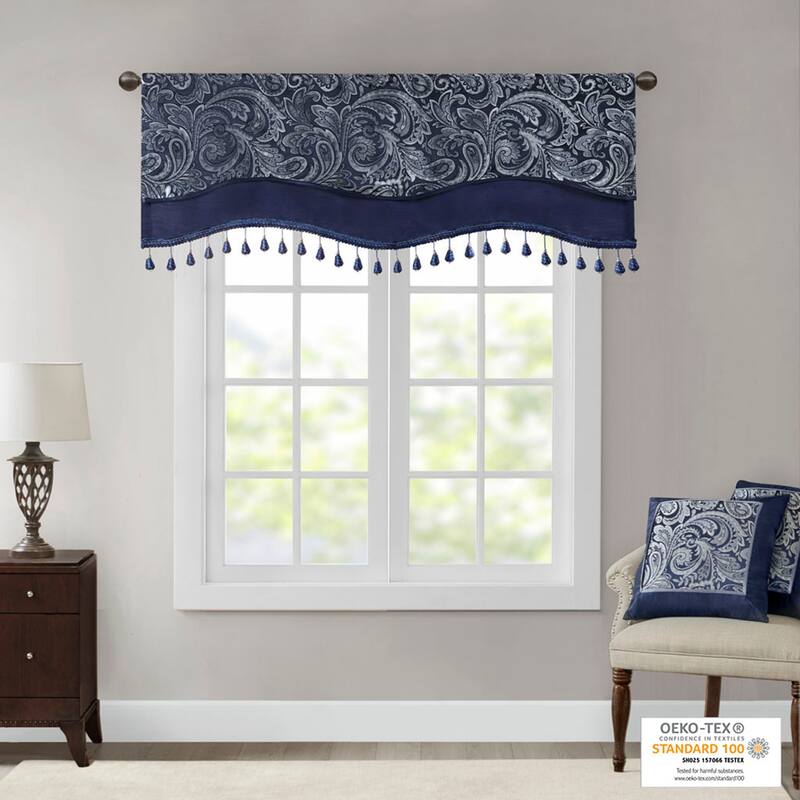 Madison Park Whitman Jacquard Window Rod Pocket Valance with Beads - 50 x 18"