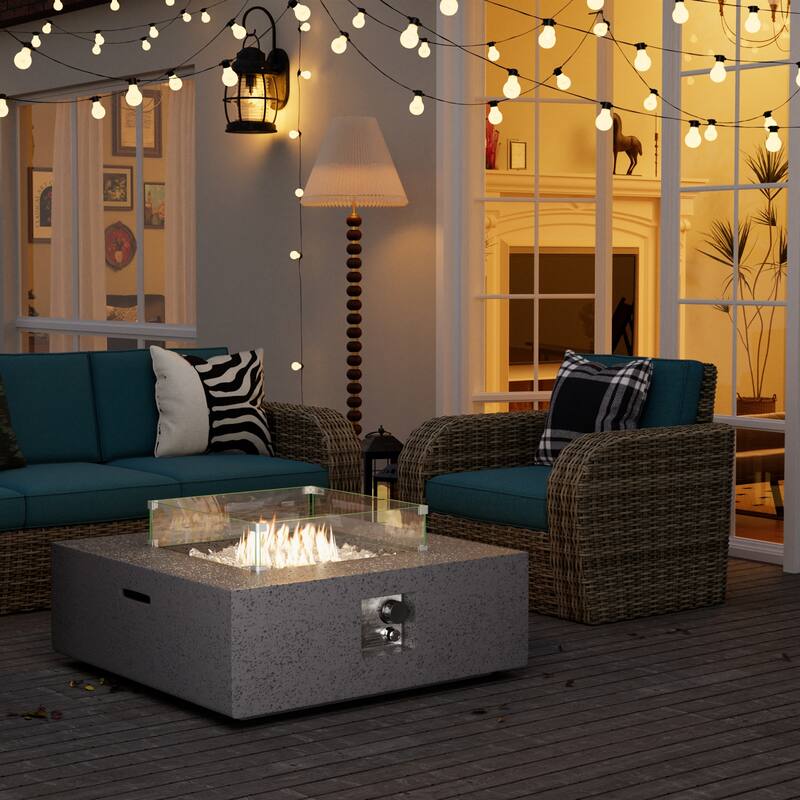 COSIEST Outdoor 35-inch Square Propane Fire Pit Table - Grey With Wind Guard&Fire Grey Glass