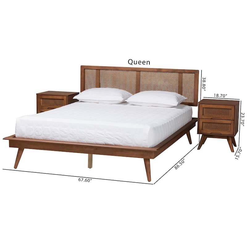 Nura Mid-Century Modern Walnut Brown Finished Wood and Rattan 3-Piece/4-Piece/5-Piece Bedroom Set (Multiple Bed Sizes)