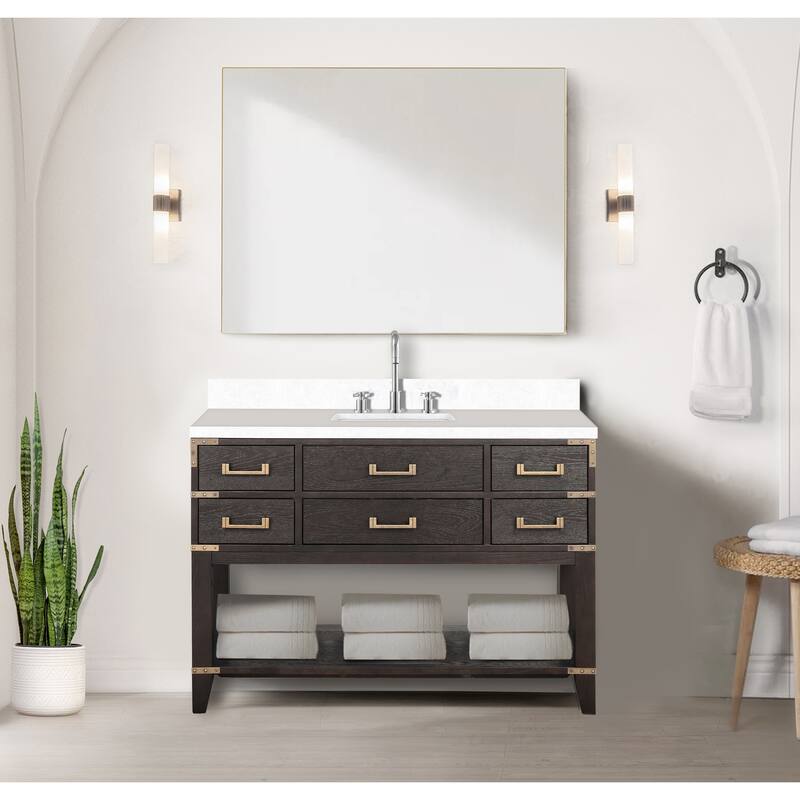 Norwalk 48 in W x 22 in D Black Oak Single Bath Vanity, White Quartz Top, and 46 in Mirror