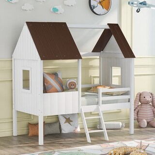 Twin Size Low Loft Wood House Bed with guardrail and two side windows ...
