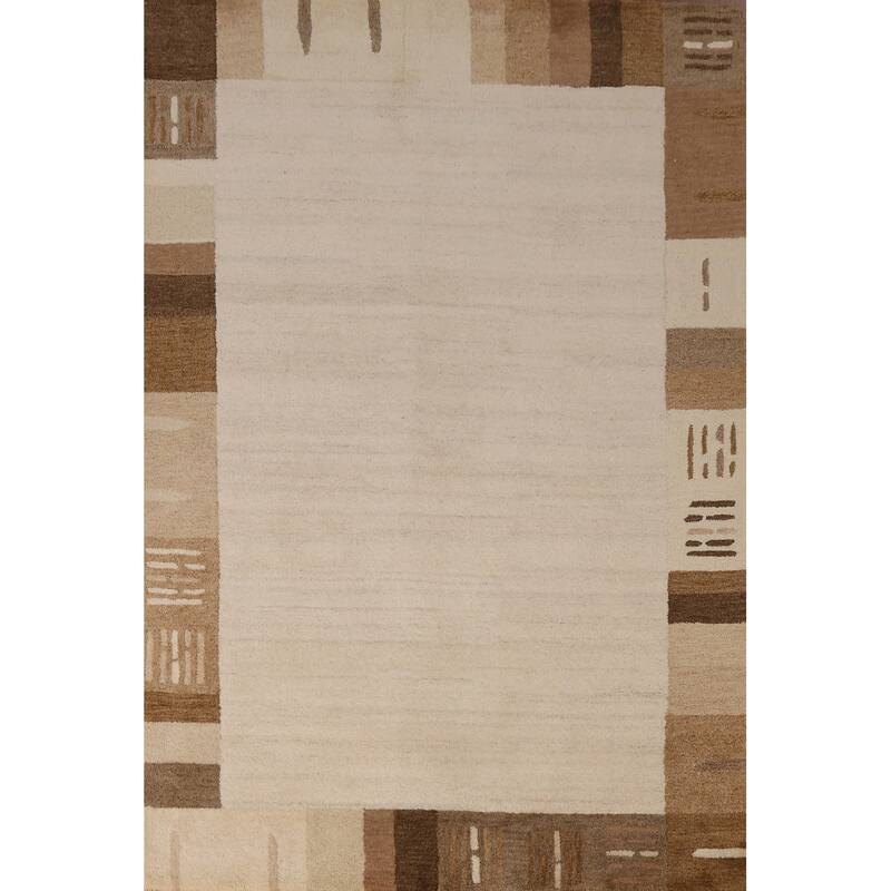 Border Gabbeh Indian Area Rug Hand-Tufted Solid Beige Wool Carpet - 5'3" x 7'7"