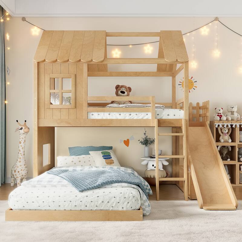 Twin over Full House Bunk Bed with Ladders and Slides, House Floor Bunk Bed with Storage Shelves and Wardrobe