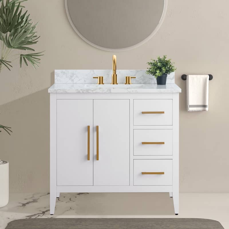 Vanity Art 36" Single Sink Bathroom Vanity Cabinet with Engineered Marble Countertop - 36"/Golden Brushed Handle - White