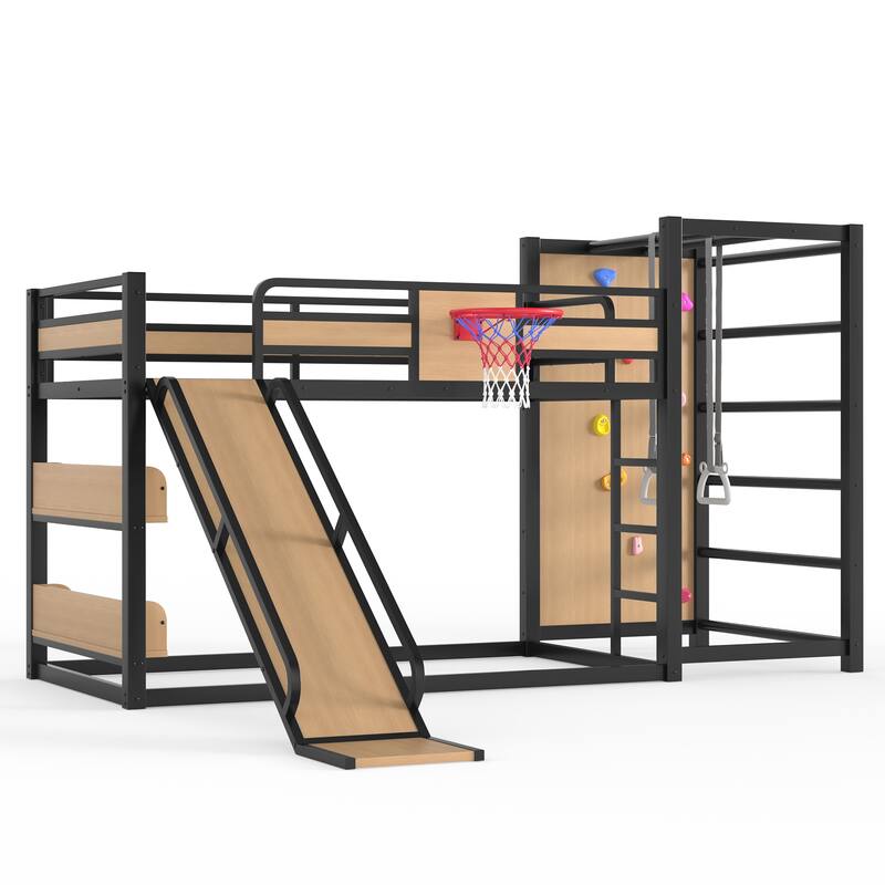 Full/Twin Metal Loft Bed with Basketball Hoop, Climbing Wall & Slide