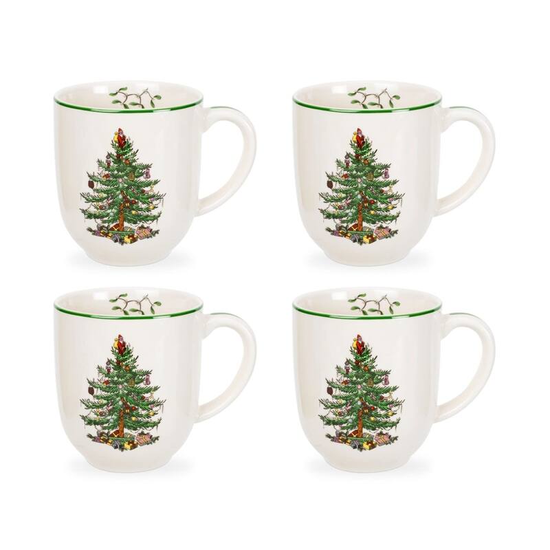 Spode Set of 4 Christmas Tree 14 oz Cafe Mug - 4 Piece - 3.6" W x 4.5" H - Multicolored