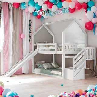 Modern Design Twin over Twin House Bunk Bed with Convertible Slide, Storage Staircase can be Placed Left or Right, White