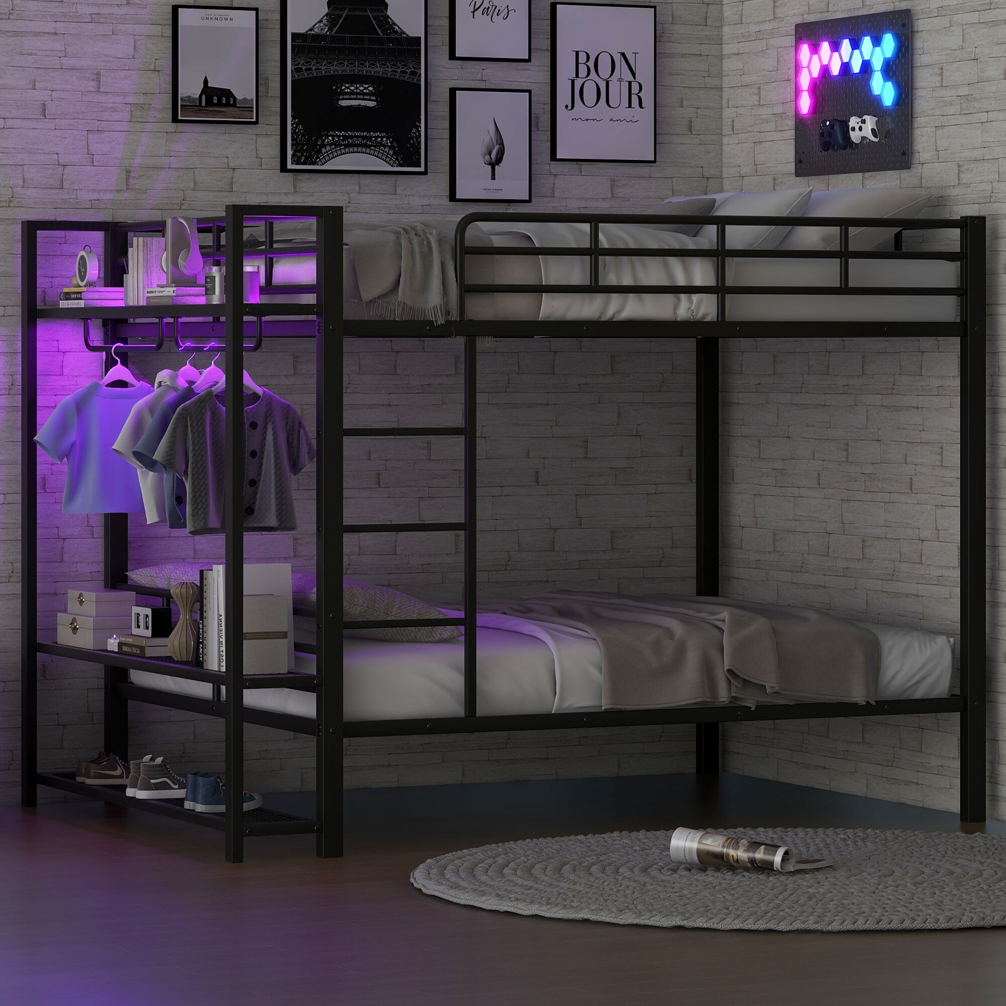 A white metal bunk bed with built-in ladder on the left, blue LED lighting on the left storage shelves, and two mattresses with gray bedding; a rug on the floor.