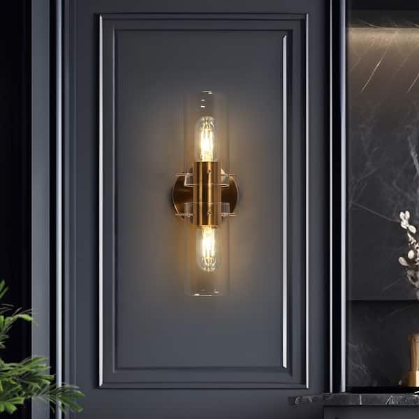 slide 2 of 15, Modern Gold 2-Light Cylinder Wall Sconce Glass Bathroom Vanity Light - L 13.4'' x W 5.5''