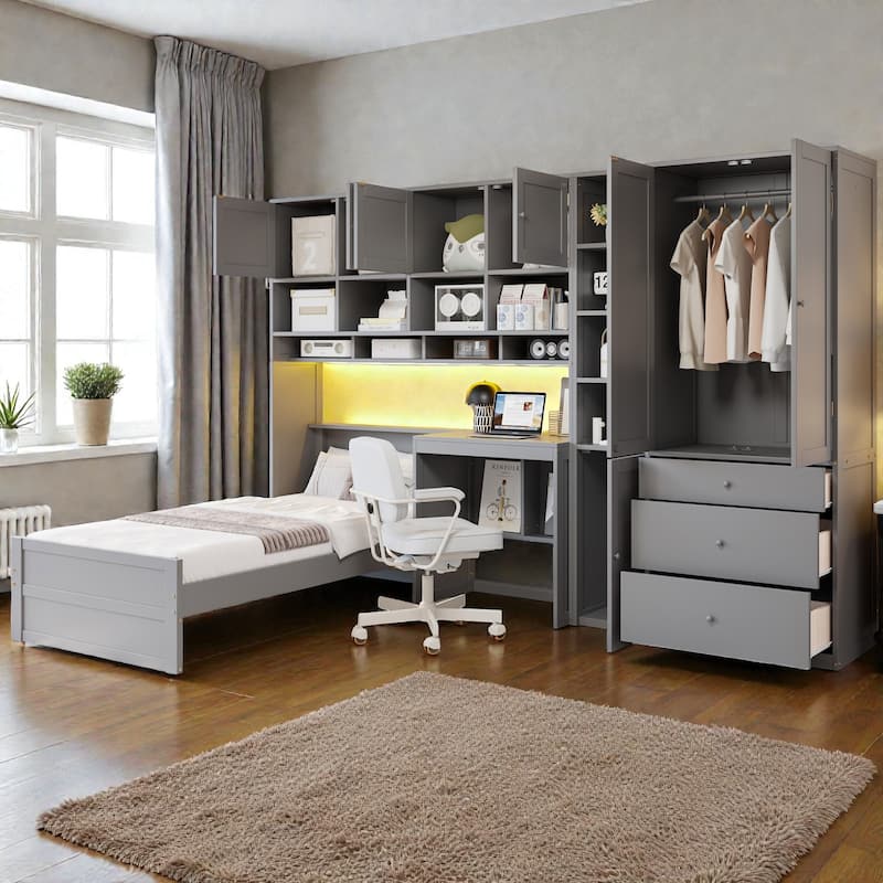 Twin Size Wooden Platform Bed with Desk and Storage, LED Light, Wardrobe Cabinets Drawers and Shelves